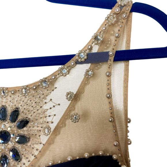 Caché Navy Tiered Bodycon with Jewels Pearls Mesh Evening Gown Mini Dress Size 6 - Picture 3 of 11